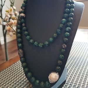 Turkish Malachite and mother of pearl long necklace.